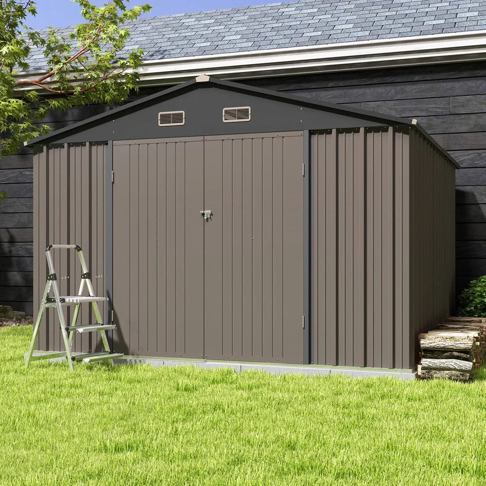 Patiowell 10×10 ft Metal Storage Shed, Sloping Roof, Double Lockable Doors, Galvanized Steel, Coffee Brown