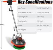 Commercial Floor Scrubber Machine with Brushes and Pads, Heavy Duty Floor Buffer Polisher and Cleaner- Deep Cleaning Tile and Grout, Hardwood Floors and Carpets without Getting on Hands and Knees