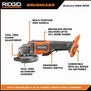 RIDGID 18V Brushless Cordless 4-1/2 in. Paddle Switch Angle Grinder with (2) 4.0 Ah Batteries, Charger, and Bag R86047B-AC93044SBN