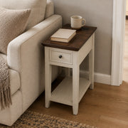Narrow End Table with USB Charging, Drawer & Shelf, Farmhouse Style