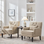 Set of 2 Arm Chair Upholstered Button Tufted Accent Chair with Lumbar Pillow Beige/ Grey/ Light Blue