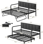 Rolanstar Daybed with Charging Station and LED Lights, Height Adjustable Twin Daybed with Trundle, Metal Sofa Bed Frame with Steel Slat Support