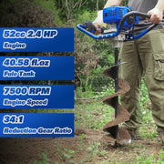 Post Hole Digger Gas Powered, 52cc 2.4 HP 2 Stroke Engine Earth Auger with 8" Drill Bit, EPA Compliant Post Hole Auger