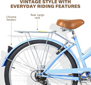 WEIZE Beach Cruiser Bike, 26 inch Commuter Bicycle for Adult Men and Women, 7-Speed/High-Carbon Steel/Front & Rear Fenders, Comfortable City Bikes with Rear Rack or Basket, Ergonomic Upright Design