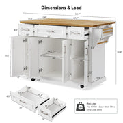 Large Kitchen Island with Wood Drop Leaf, Embossed Texture Rolling Kitchen Cart wDoors and Drawers wStorage for Kitchen, White