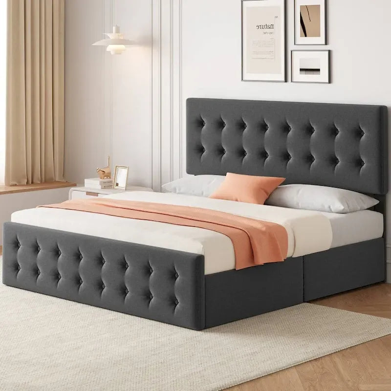 King Size Bed Frame with 4 Storage Drawers and Headboard