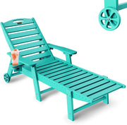 Lounge Chair Outdoor, Chaise Lounge, HDPE 6-Position Outdoor Chaise Lounge, Patio Lounge Chair with Wheels & Cup Holder for Pool Poolside Deck Backyard, Teak