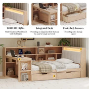 L-shaped Wooden Sofa Daybed with Desk, Bookcase Cabinet, Corner Bed with Under-bed Drawers, Upholstered Headboard Built-in Light