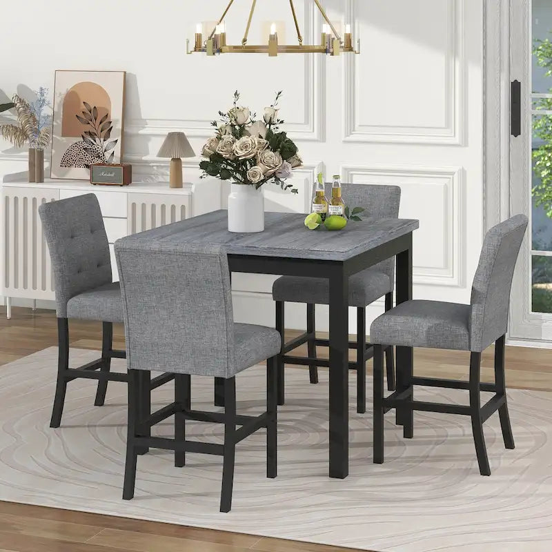 5 Piece Counter Height Dining Set, Wood Dining Table Set with Rectangle Table and 4 Upholstered High Back Chairs