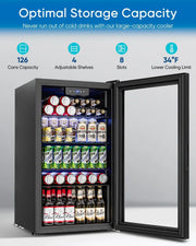 Beverage Refrigerator Cooler - 126 Can Mini Fridge Glass Door for Drinks Soda Beer Wine - Small Refrigerator for Office Bedroom Home Bar, 4 Adjustable Shelves, 3.2 Cu.Ft, Silver