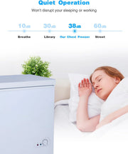 3.5 Cu.Ft Chest Freezer with a Removable Basket 7 Gears Adjustable Temperature Control(-18°F to -46°F), Deep Compact Freezer for Garage, Office, Basement, House, Kitchen, Shop, RVs-White