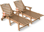 Lounge Chair Outdoor, Chaise Lounge, HDPE 6-Position Outdoor Chaise Lounge, Patio Lounge Chair with Wheels & Cup Holder for Pool Poolside Deck Backyard, Teak