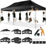 COBIZI 10x20 Heavy Duty Pop up Canopy Tent with 6 sidewalls Easy Up Commercial Outdoor Canopy Wedding Party Tents for Parties All Season Wind & Waterproof Gazebo with Roller Bag,Black(Frame Thickened)