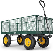 Steel Garden Cart, 2-in-1 1400 lbs Heavy Duty Utility Wagon, with Removable Mesh Sides to Convert into Flatbed, 240 U-Turn 13" Pneumatic Tires Garden Wagon for Farm Yard Lawn Garden Camping