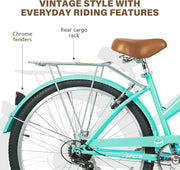 WEIZE Beach Cruiser Bike, 26 inch Commuter Bicycle for Adult Men and Women, 7-Speed/High-Carbon Steel/Front & Rear Fenders, Comfortable City Bikes with Rear Rack or Basket, Ergonomic Upright Design