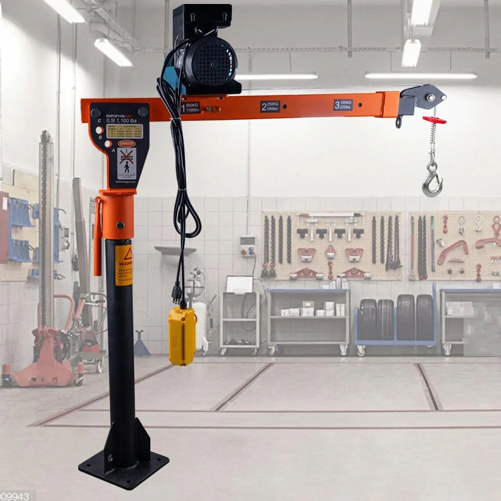 1100lb Folding Dismountable Household Hoist Truck Crane with Electric Hoist (110V) – 880lb Pulling Force, Jib Cranes for Factory, Warehouse, Construction