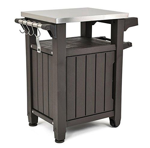 Unity Portable Outdoor Table and Storage Cabinet with Hooks for Grill Accessories-Stainless Steel Top for Patio Kitchen Island or Bar Cart, Espresso Brown