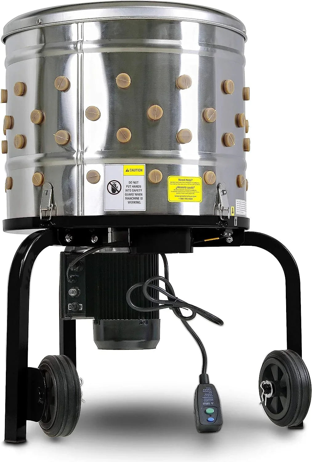 Kitchener Chicken Plucker De-Feather Remover Poultry and Fowl Food Processor Electric Stainless Steel Heavy Duty 1HP 120VAC 280RPM GFCI Connector 92 Soft Fingers 20" Drum Diameter