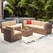 7 Pieces Outdoor Patio Furniture Sets Wicker Sectional Sofa PE Rattan Conversation Sets with Cushions